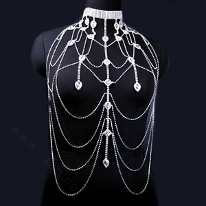 Rhinestone Full Body Chain Bridal Shoulder Necklace Dress Decor Jewellry - Silver