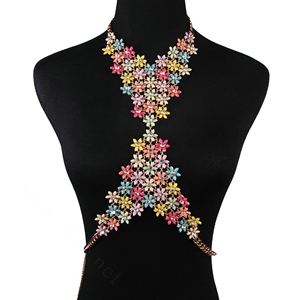 Romantic Crystal Flower Bib Pendant Necklace Dinner Party Dress Decro Body Chain - Colour