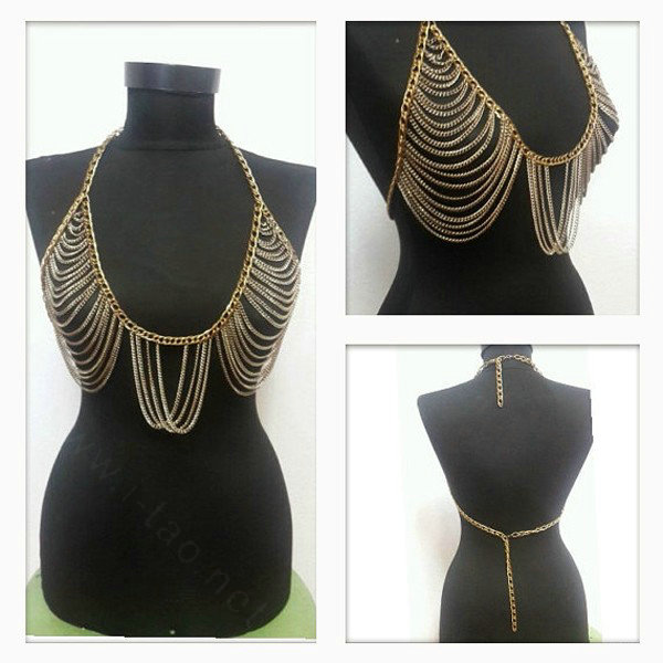 Sexy Bikini Breast Bra Slave Harness Chains Women Necklace Body Chain Jewelry - Gold