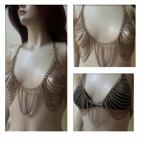Sexy Bikini Breast Bra Slave Harness Chains Women Necklace Body Chain Jewelry - Gold