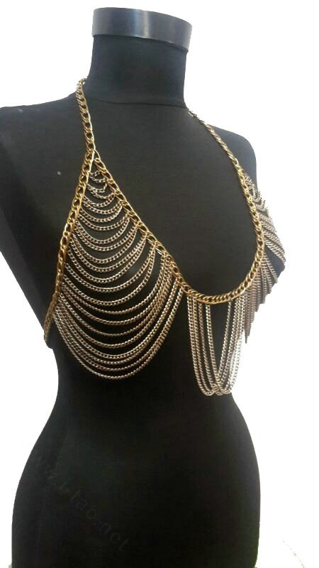 Sexy Bikini Breast Bra Slave Harness Chains Women Necklace Body Chain Jewelry - Gold