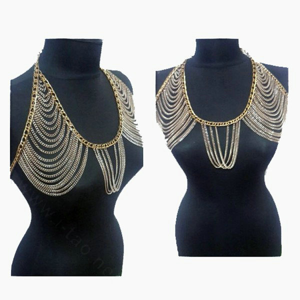 Sexy Bikini Breast Bra Slave Harness Chains Women Necklace Body Chain Jewelry - Gold