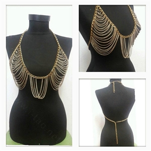 Sexy Bikini Breast Bra Slave Harness Chains Women Necklace Body Chain Jewelry - Gold