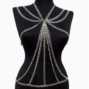 Sexy Crossover Belly Waist Body Chain Showgirl Harness Necklace Jewelry - Silver