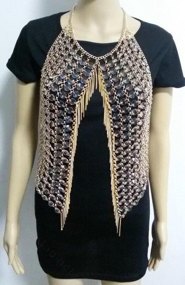Sexy Full Body Chain Vest Slave Necklace Showgirl Halter Dress Decro Jewelry - Sliver