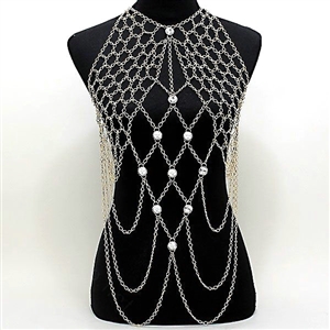 Sexy Lingerie Crystal Necklace Mesh Full Body Bikini Chain Showgirl Decro Jewelry - Gold