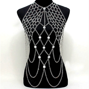 Sexy Lingerie Crystal Necklace Mesh Full Body Bikini Chain Showgirl Decro Jewelry - Sliver
