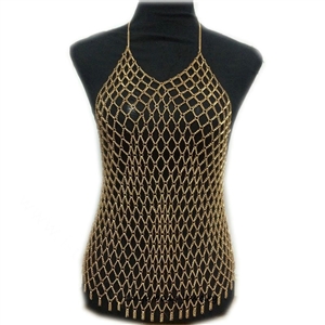 Sexy Mesh Full Body Chain Necklace Nightclub Showgirl Halter Bra Lingerie Jewelry - Gold