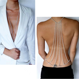 Sexy Pearl Back Drop Necklace Bikini Body Chain Belly Evening Dress Decor Jewelry - Sliver