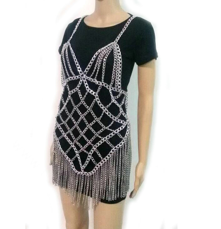 Sexy Waist Tassel Body Chain Halter Bra Lingerie Dress Showgirl Necklace Jewelry - Gray
