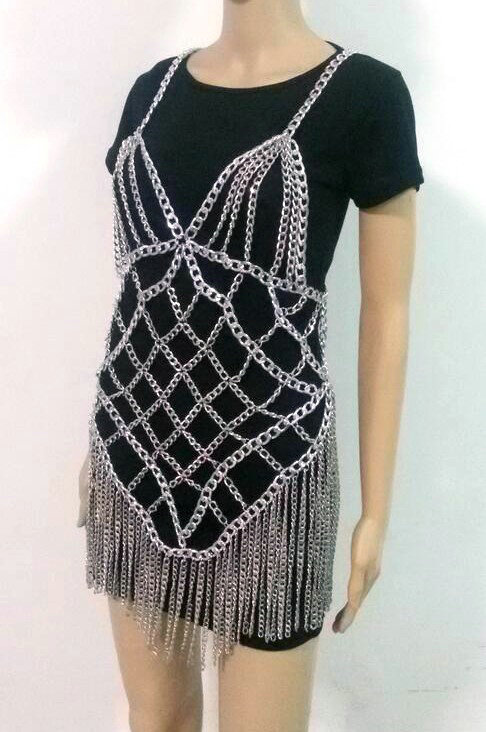 Sexy Waist Tassel Body Chain Halter Bra Lingerie Dress Showgirl Necklace Jewelry - Sliver