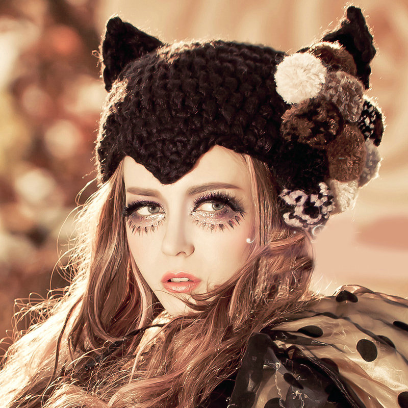 Sexy Witch Devil Horns Cat Ears Knitted Wool Hats Winter Warm Fur Ball Beanies Caps - Black