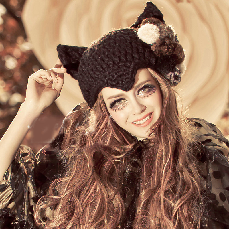 Sexy Witch Devil Horns Cat Ears Knitted Wool Hats Winter Warm Fur Ball Beanies Caps - Black