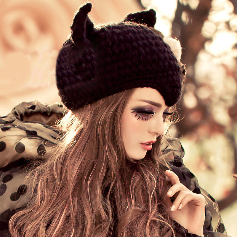 Sexy Witch Devil Horns Cat Ears Knitted Wool Hats Winter Warm Fur Ball Beanies Caps - Black