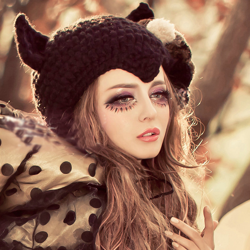 Sexy Witch Devil Horns Cat Ears Knitted Wool Hats Winter Warm Fur Ball Beanies Caps - Black