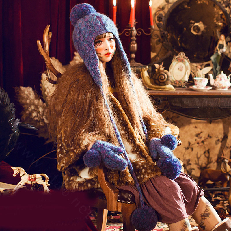 Simple Fur Pom Poms Knitted Wool Hats Women Winter Warm Ear Protector Beanies Caps - Blue