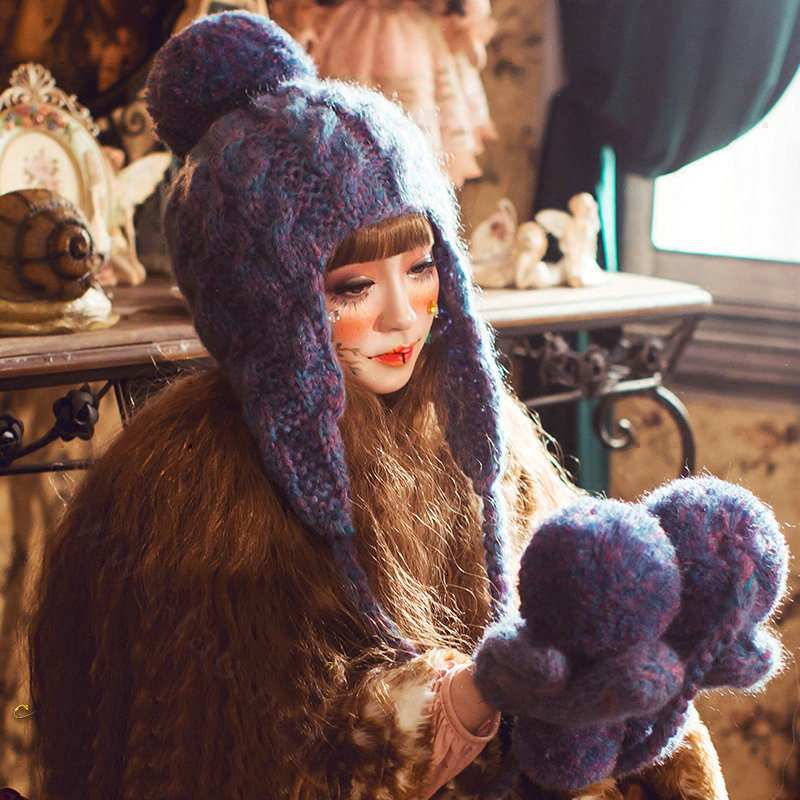 Simple Fur Pom Poms Knitted Wool Hats Women Winter Warm Ear Protector Beanies Caps - Blue