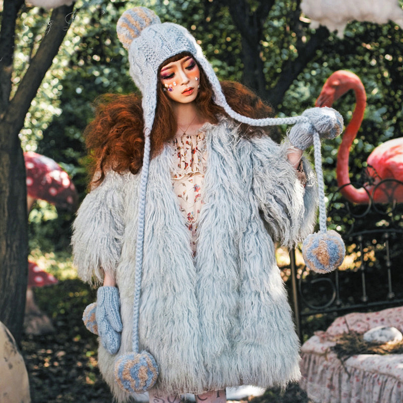 Simple Fur Pom Poms Knitted Wool Hats Women Winter Warm Ear Protector Beanies Caps - Sky Blue