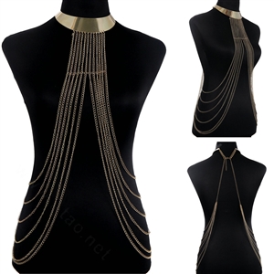 Simple Multi Layer Body Chain Punk Long Choker Necklace Harness Bikini Jewelry - Gold