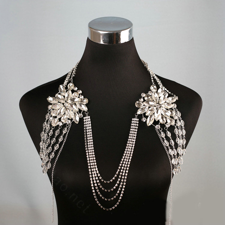 Special Offer Rhinestone Bridal Shoulder Chain Stage Body Necklace Jewelry - White