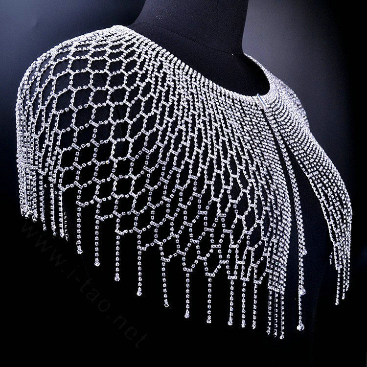 Stunning Rhinestone Full Shoulder Chain Bridal Wedding Necklace Dress Decor Cape - White