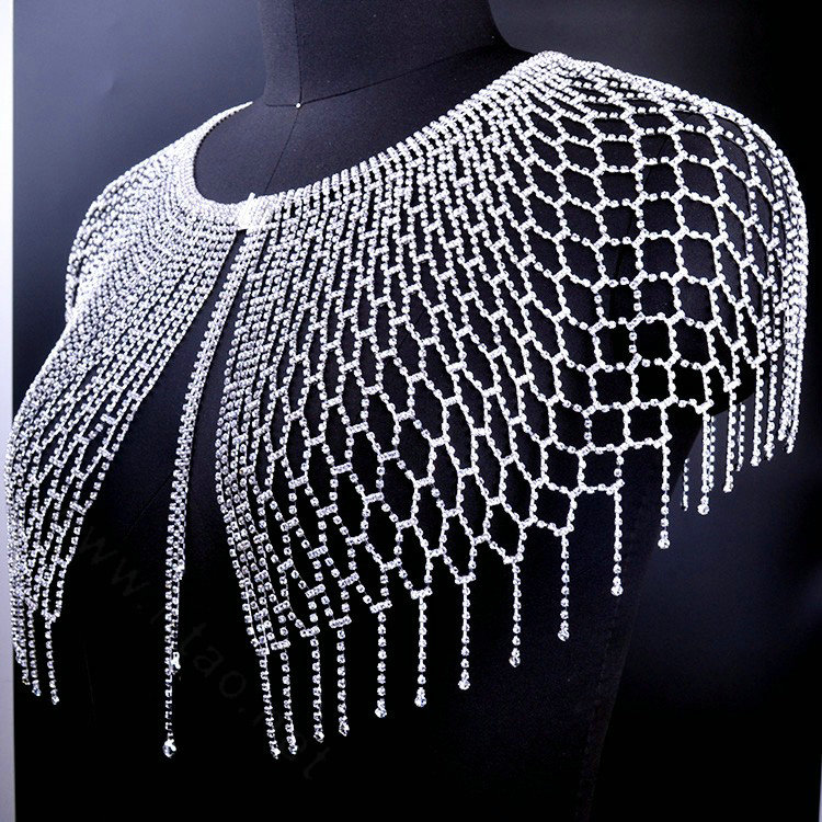 Stunning Rhinestone Full Shoulder Chain Bridal Wedding Necklace Dress Decor Cape - White