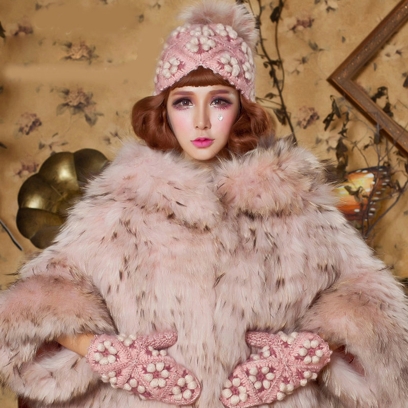 Sweet Girl Lace Flower Rabbit Fur Ball Knitted Wool Beanies Caps Winter Warm Hats - Pink