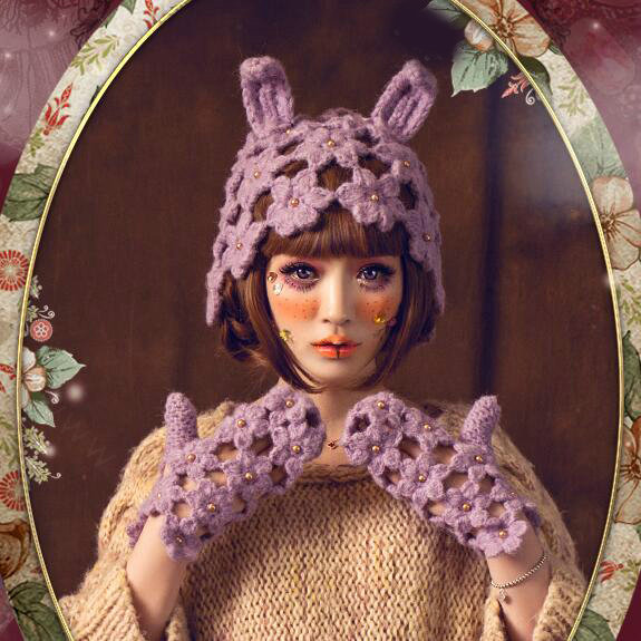Sweet Girls Pearls Flower Knitted Wool Hats Hollow Design Rabbit Ears Beanies Caps - Purple
