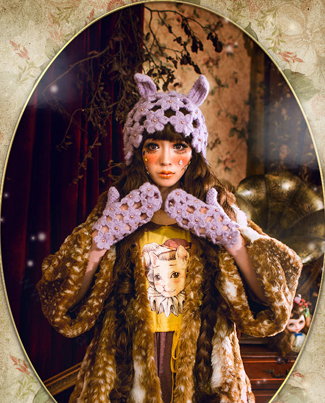 Sweet Girls Pearls Flower Knitted Wool Hats Hollow Design Rabbit Ears Beanies Caps - Purple