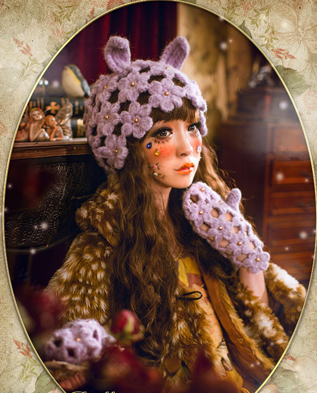 Sweet Girls Pearls Flower Knitted Wool Hats Hollow Design Rabbit Ears Beanies Caps - Purple