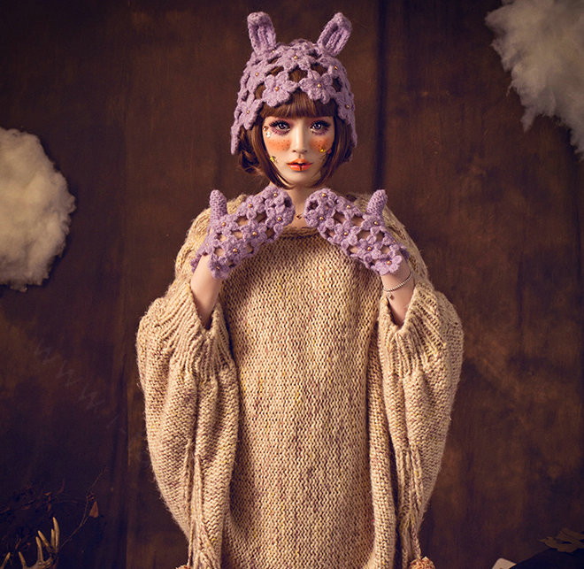 Sweet Girls Pearls Flower Knitted Wool Hats Hollow Design Rabbit Ears Beanies Caps - Purple