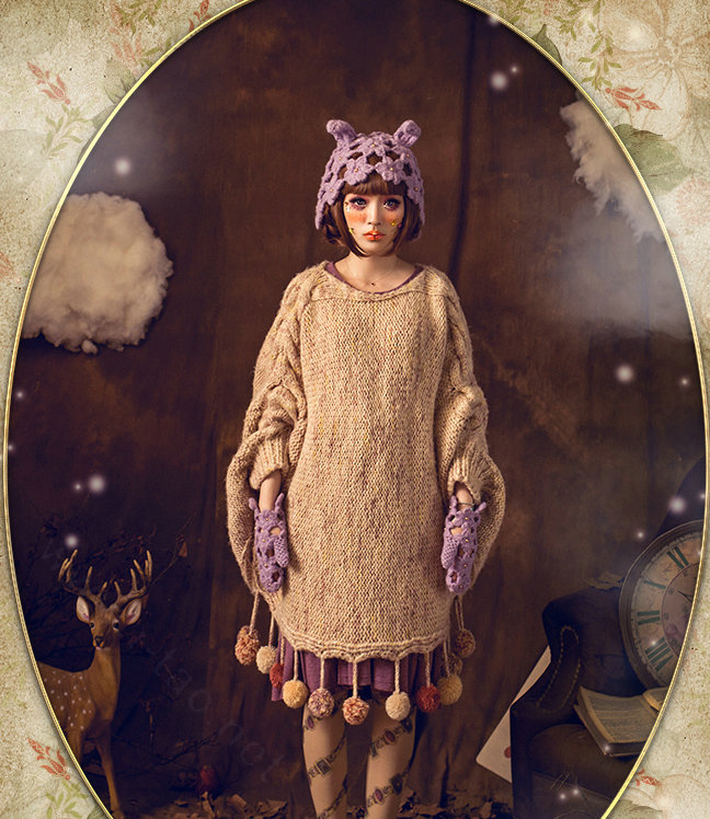 Sweet Girls Pearls Flower Knitted Wool Hats Hollow Design Rabbit Ears Beanies Caps - Purple