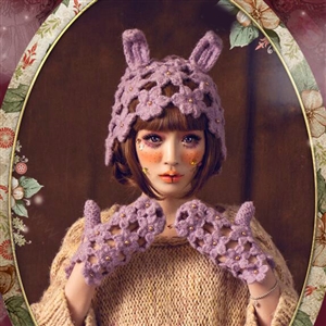 Sweet Girls Pearls Flower Knitted Wool Hats Hollow Design Rabbit Ears Beanies Caps - Purple