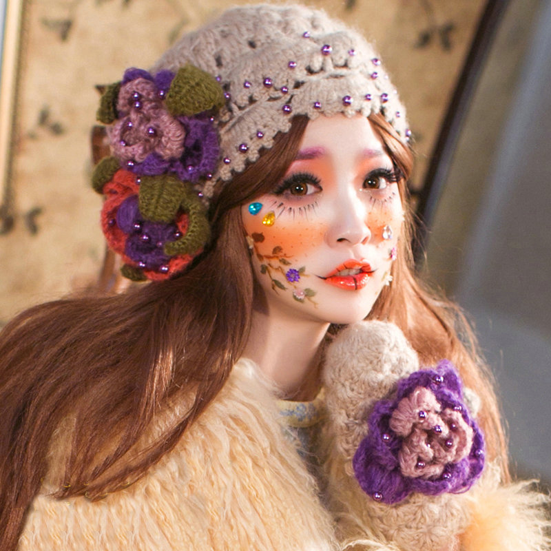 Sweety Grils Pearl Flower Knitted Wool Hats Winter Warm Beanies Caps - Camel
