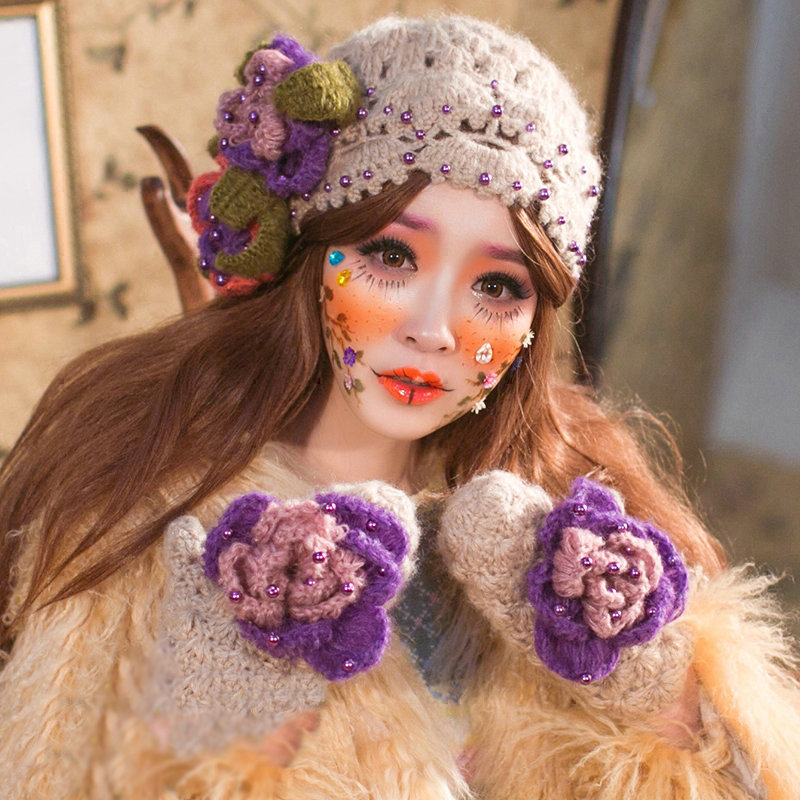 Sweety Grils Pearl Flower Knitted Wool Hats Winter Warm Beanies Caps - Camel