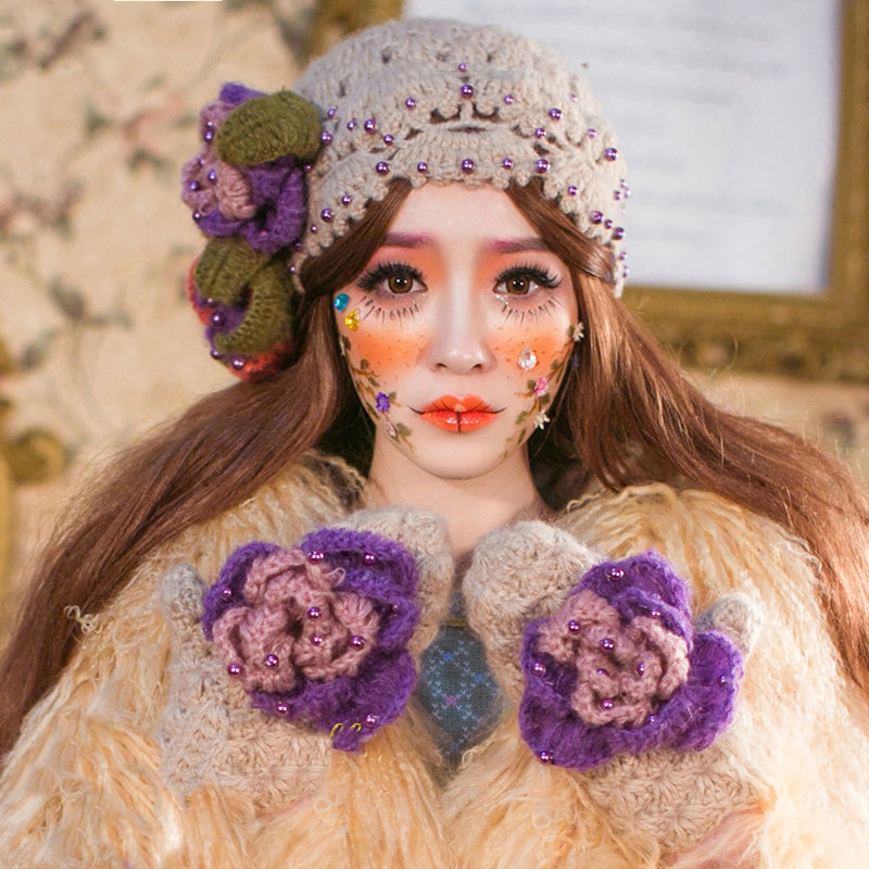 Sweety Grils Pearl Flower Knitted Wool Hats Winter Warm Beanies Caps - Camel