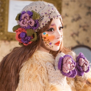 Sweety Grils Pearl Flower Knitted Wool Hats Winter Warm Beanies Caps - Camel