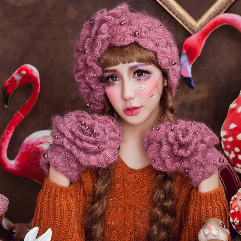 Sweety Pearl Flower Knitted Wool Hats Girls Winter Warm Lace Beret Caps - Light Purple