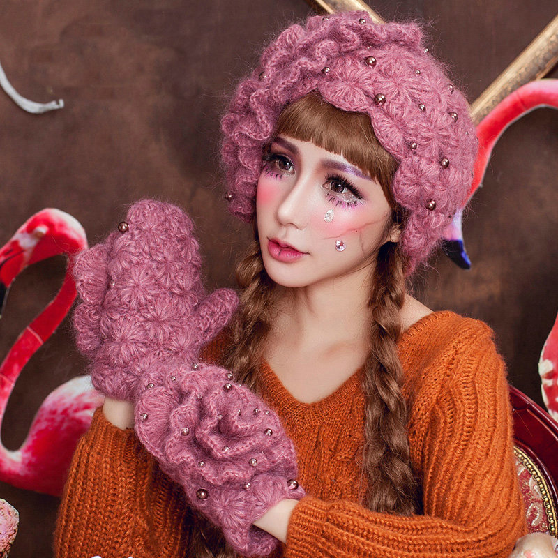 Sweety Pearl Flower Knitted Wool Hats Girls Winter Warm Lace Beret Caps - Light Purple