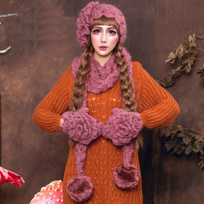Sweety Pearl Flower Knitted Wool Hats Girls Winter Warm Lace Beret Caps - Light Purple