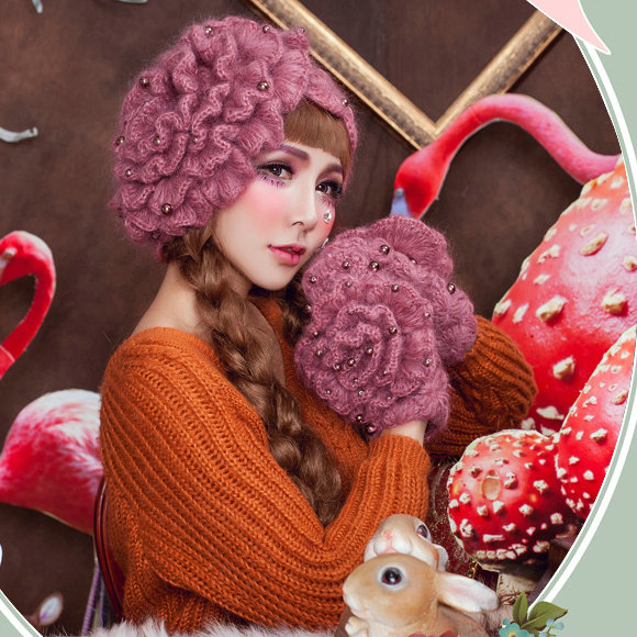 Sweety Pearl Flower Knitted Wool Hats Girls Winter Warm Lace Beret Caps - Light Purple