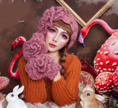 Sweety Pearl Flower Knitted Wool Hats Girls Winter Warm Lace Beret Caps - Light Purple