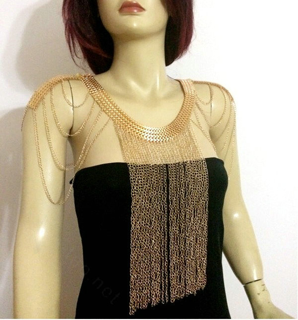 Unique Alloy Shoulder Necklace Showgirl Multi layer Heavy Tassel Body Chains Jewelry - Gold
