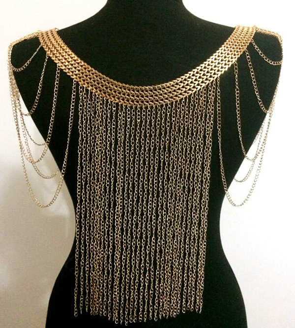 Unique Alloy Shoulder Necklace Showgirl Multi layer Heavy Tassel Body Chains Jewelry - Gold