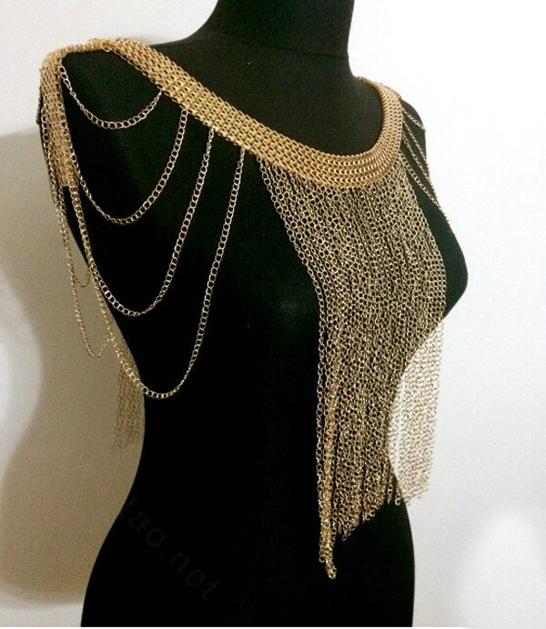 Unique Alloy Shoulder Necklace Showgirl Multi layer Heavy Tassel Body Chains Jewelry - Sliver