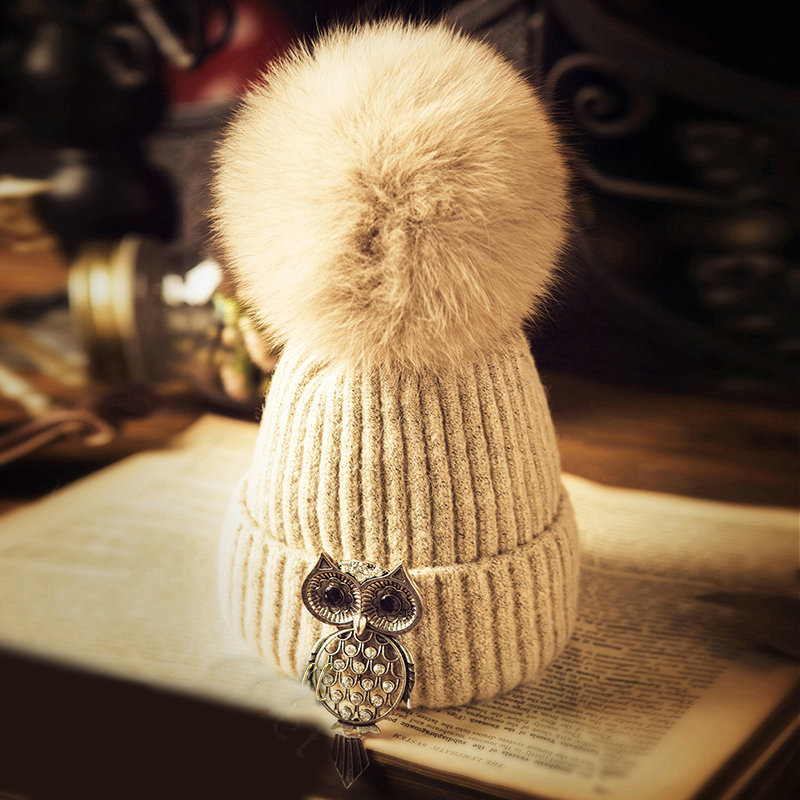Unique Women Crystal Owls Knitted Wool Hats Winter Warm Fox Fur Pom Poms Caps - Beige