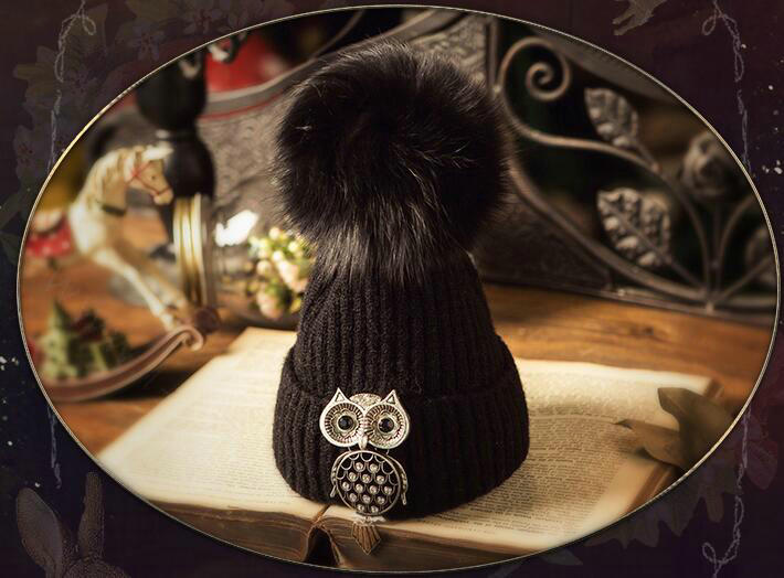 Unique Women Crystal Owls Knitted Wool Hats Winter Warm Fox Fur Pom Poms Caps - Black