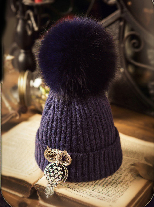 Unique Women Crystal Owls Knitted Wool Hats Winter Warm Fox Fur Pom Poms Caps - Blue