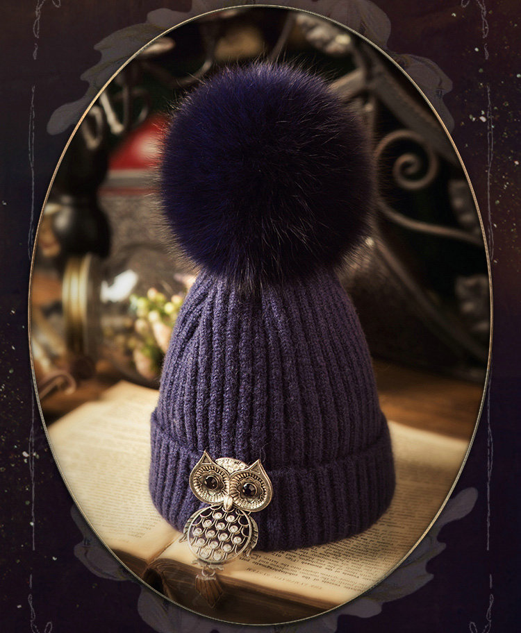 Unique Women Crystal Owls Knitted Wool Hats Winter Warm Fox Fur Pom Poms Caps - Blue