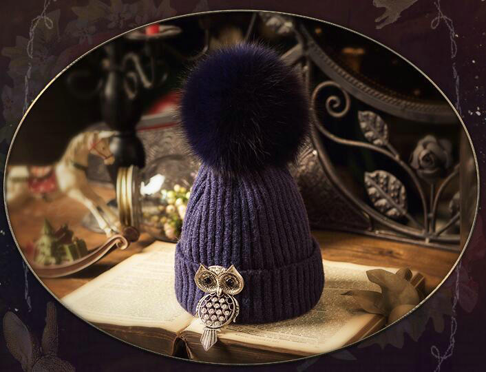 Unique Women Crystal Owls Knitted Wool Hats Winter Warm Fox Fur Pom Poms Caps - Blue
